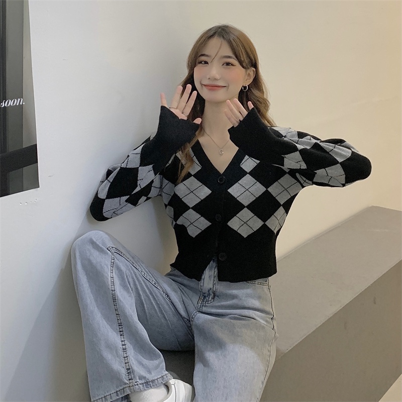 XIAOZHAINV  Cardigan Rajutan Wanita Korean Style V-neck Lengan Panjang 7064