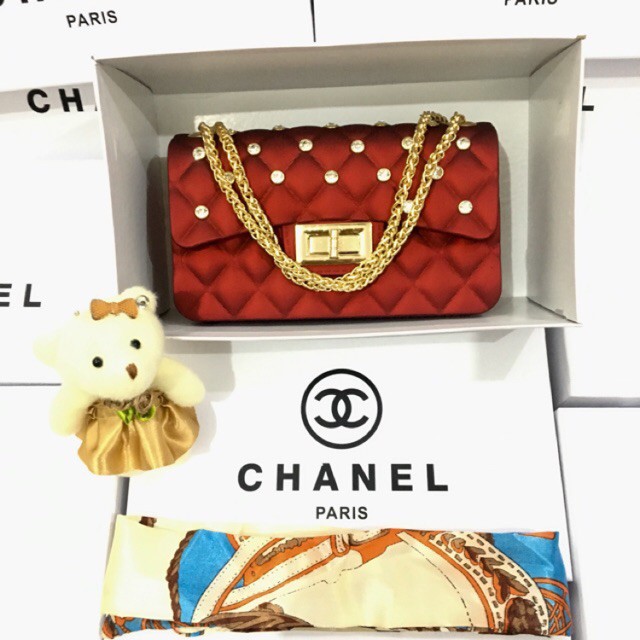 PAKET TAS + BOX CHANEL JELLY CLASSIC BUBBLE DIAMOND MINI 17CM (FREE SYALL BONEKA)