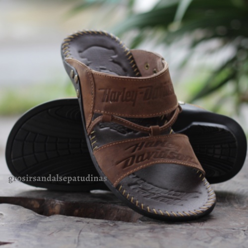 Sandal Kulit Asli Harley Davidson Full Up Sendal Kulit Asli Pria Sandal Slop Casual / Sendal Jepit Cowok Slide Herley Kulit Gosok - SH03-2