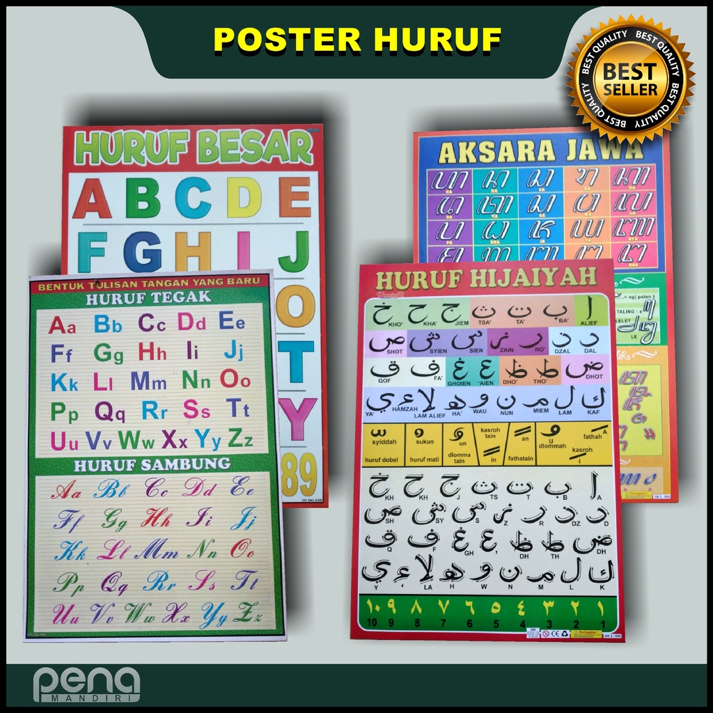 Poster Anak Mengenal Huruf Hijaiyah Huruf Abjad ABC Huruf Tegak Bersambung Aksara Jawa Murah