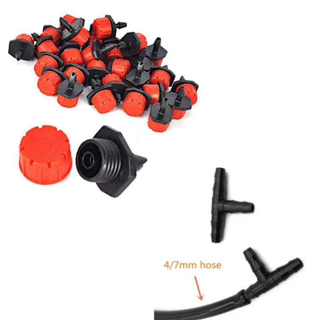 PAKET KONEKTOR TEE SELANG PE 10 PCS + ADJUSTABLE DRIPPER 8 LUBANG 10 PCS drip putar 8 arah irigasi