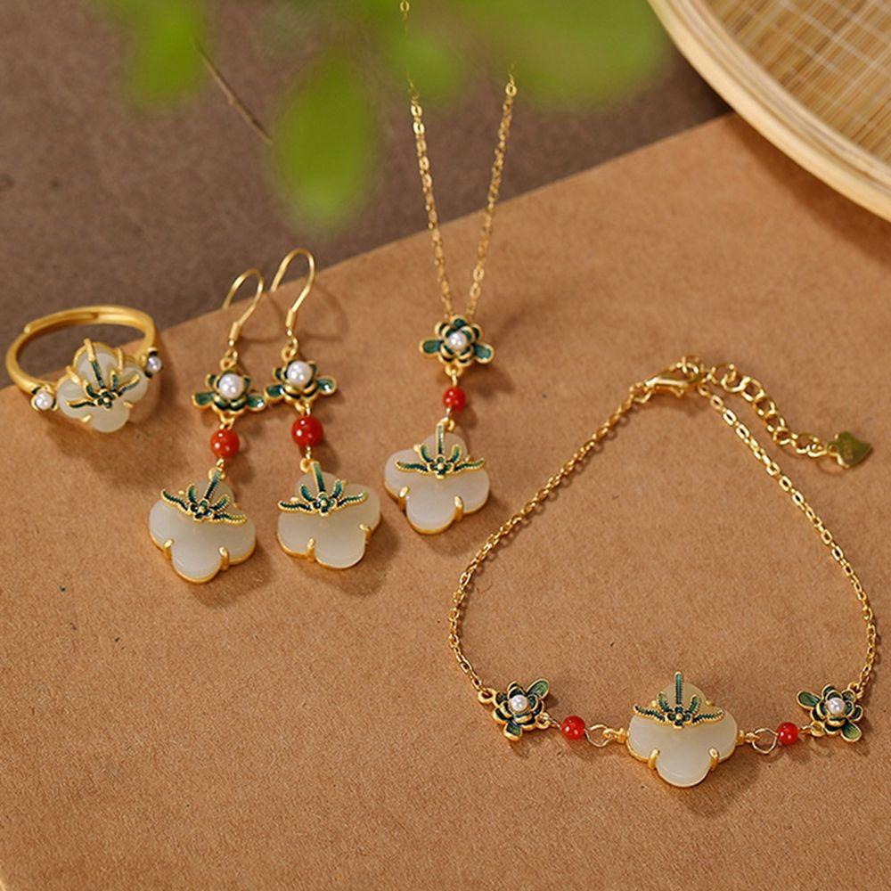 Mxbeauty Perhiasan Gaya Cina Perhiasan Pernikahan Retro Hadiah Enamel Cincin Antik Tembaga Anting Giok