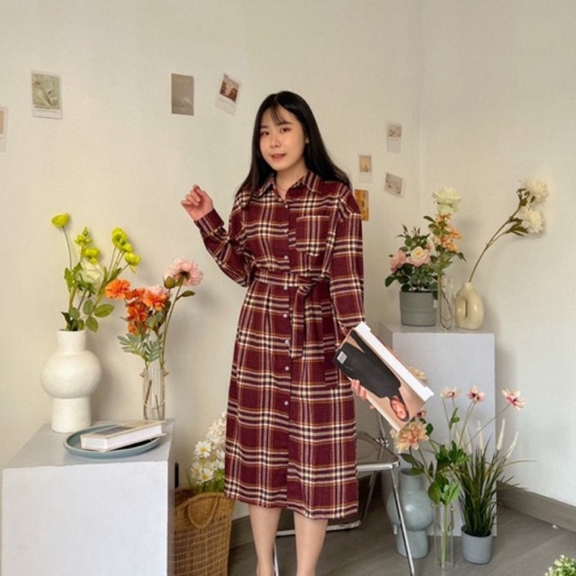 KANON - Iwa Flannel Dress - Dress kemeja midi flannel dengan belt