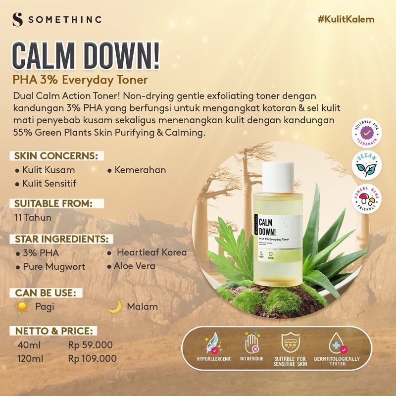 SOMETHINC Calm Down! Indonesia / PHA 3% Everyday Toner Skinpair R-Cover Ampoule Skincare Cleanser Cleansing Essence Serum Ampoule Eye Cream Gel Sunscreen Mask Masker Moisturizer Body Scrub Lotion Oil / Make Up Cushion Powder Lipstick Lip Tint / Paket Set