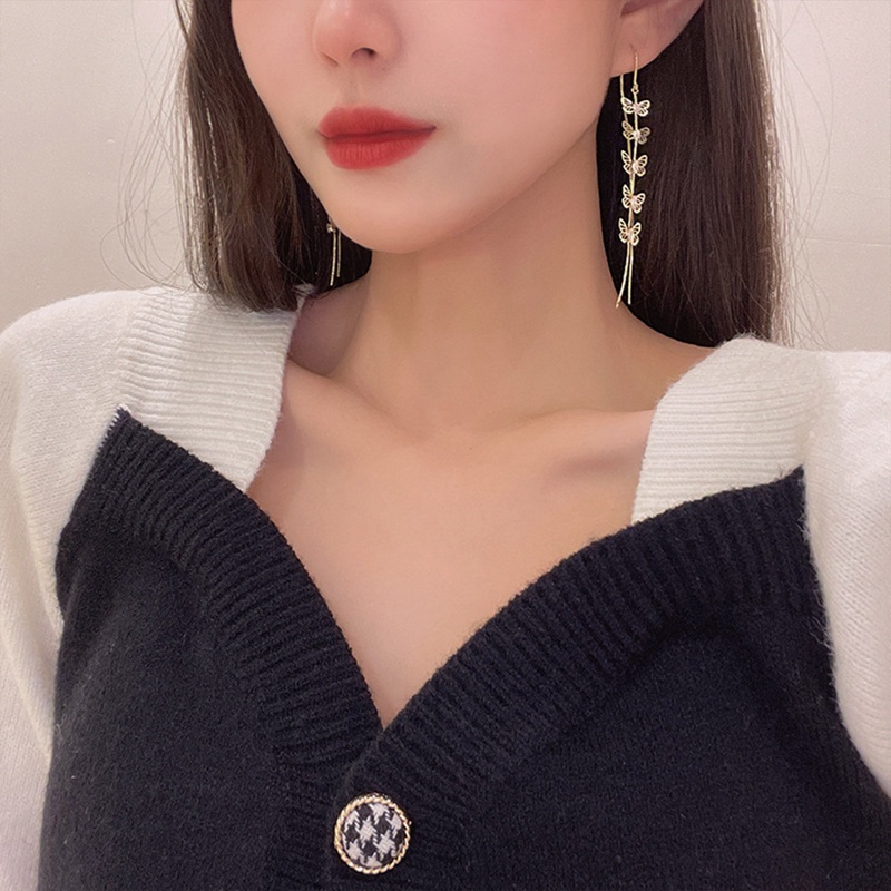 Butterfly Anting Rumbai Panjang Desain Kupu-Kupu Warna Emas Bahan Metal Untuk Wanita