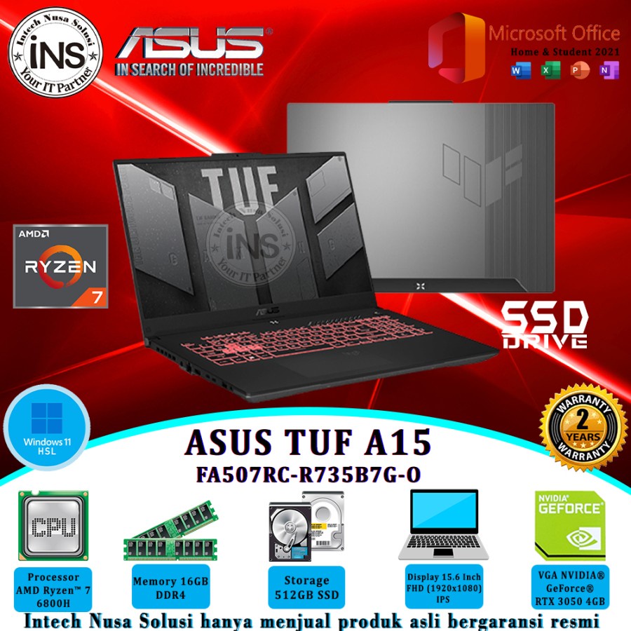 ASUS TUF A15 FA507RC Ryzen 7 6800H 16GB 512GB SSD RTX3050 WIN11HSL OHS 21 2YR