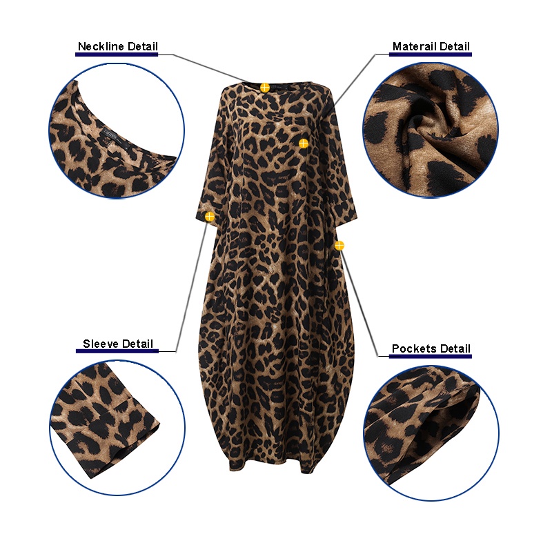 ZANZEA Women Long Sleeve Leopard Print Plus Size Long Dress