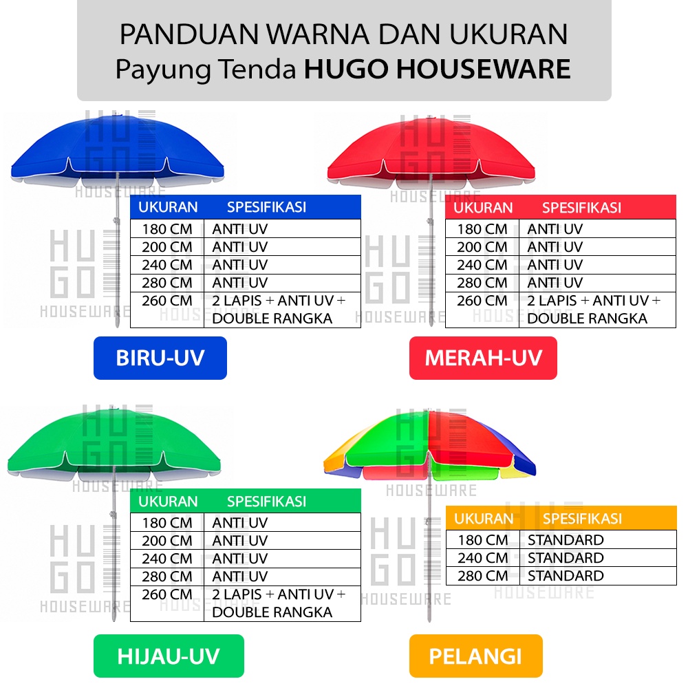 HUGO Payung Tenda Lapak 260 cm Payung Jualan Dua Lapis Dobel Jari Jumbo Anti UV Anti Angin dengan Sarung