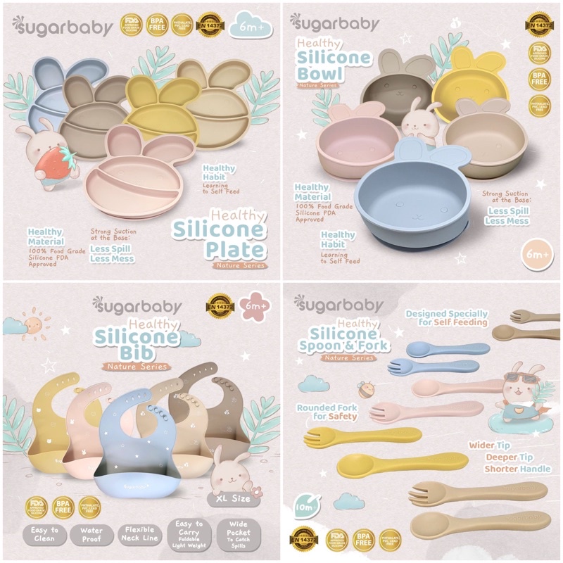 Sugar Baby Healthy silicone Plate Silicone Bowl Silicone Bib Silicone Spoon &amp; Fork