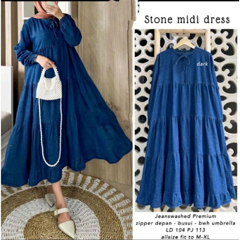 BARU Stone Midi Dress jeans original/gamis wanita terbaru2022