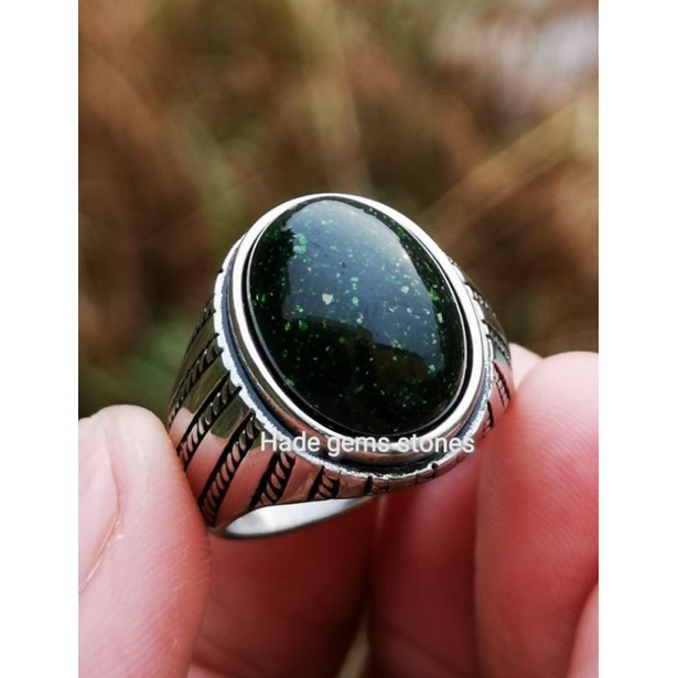 cincin pria batu pasir intan warna ijo kehitaman super kualitas