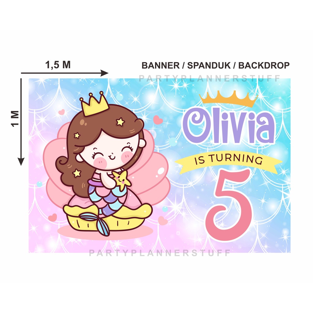 Spanduk banner backdrop tema mermaid under the sea cantik colorful / spanduk dekor ulang tahun anak 