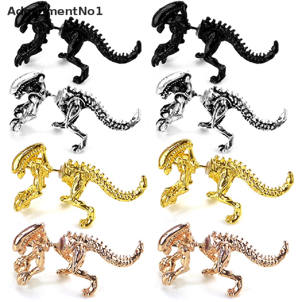 (AdornmentNo1) 2pcs / Pasang Anting Tusuk Desain Monster Alien / Dinosaurus 3D Warna Hitam Gaya Punk Untuk Wanita