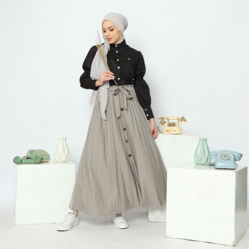 Rok Plisket Premium/Rok Panjang Wanita/Rok Plisket Panjang/Rok Skirt Kancing Tali Pita