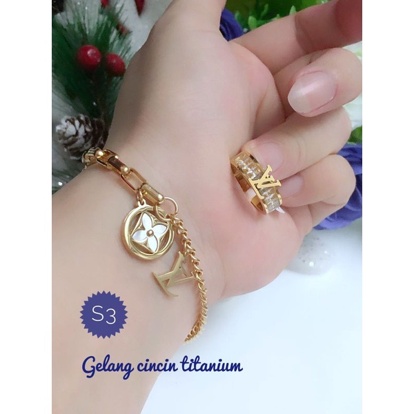 [Titanium] Set gelang rantai gold motif LV titanium anti karat perhiasan titanium wanita gold import