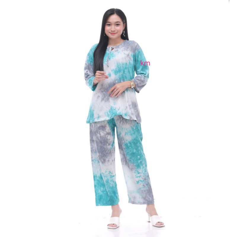 SETELAN KAOS PEREMPUAN DEWASA JUMPUTAN TIEDYE ONE SET ABSTRAK BAJU  PIYAMA WANITA KEKINIAN TERMURAH TERBARU