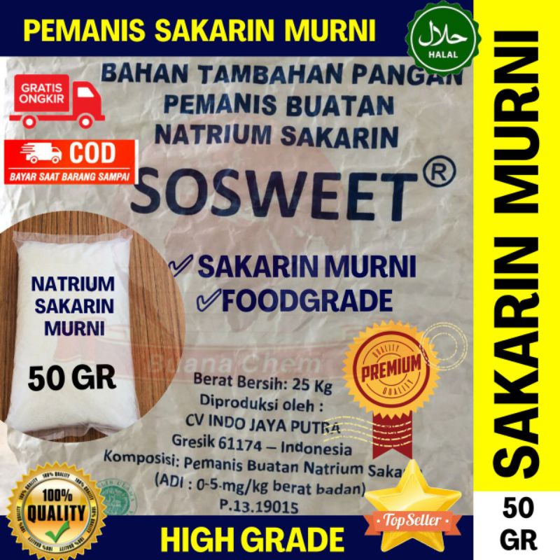 

Sakarin Murni 50gr Food Grade PREMIUM HALAL/ Pemanis Buatan / Natrium Saccharin