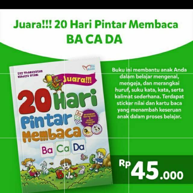 Buku Anak Tk Paud Juara 20 Hari Pintar Membaca Ba Ca Da