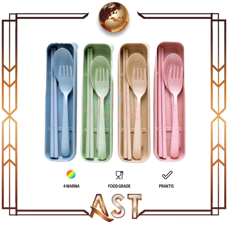SENDOK JERAMI Set L4 Sumpit Garpu Alat makan Dapur Souvenir Warna Cream Biru Hijau Pink