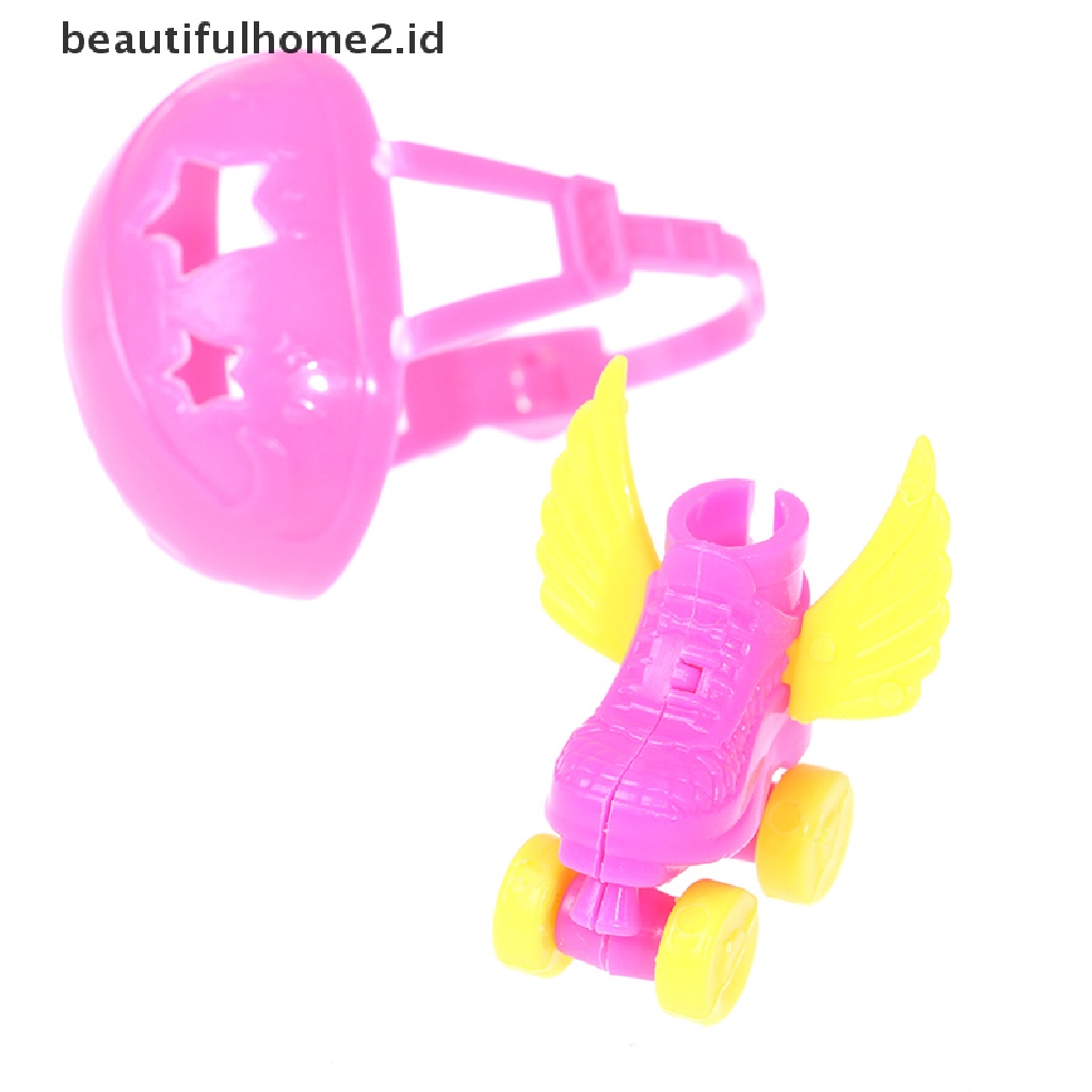 (beautifulhome2.id) 4pcs / Set Mainan Miniatur Sepatu Roda + Helm + headset Untuk Aksesoris Boneka