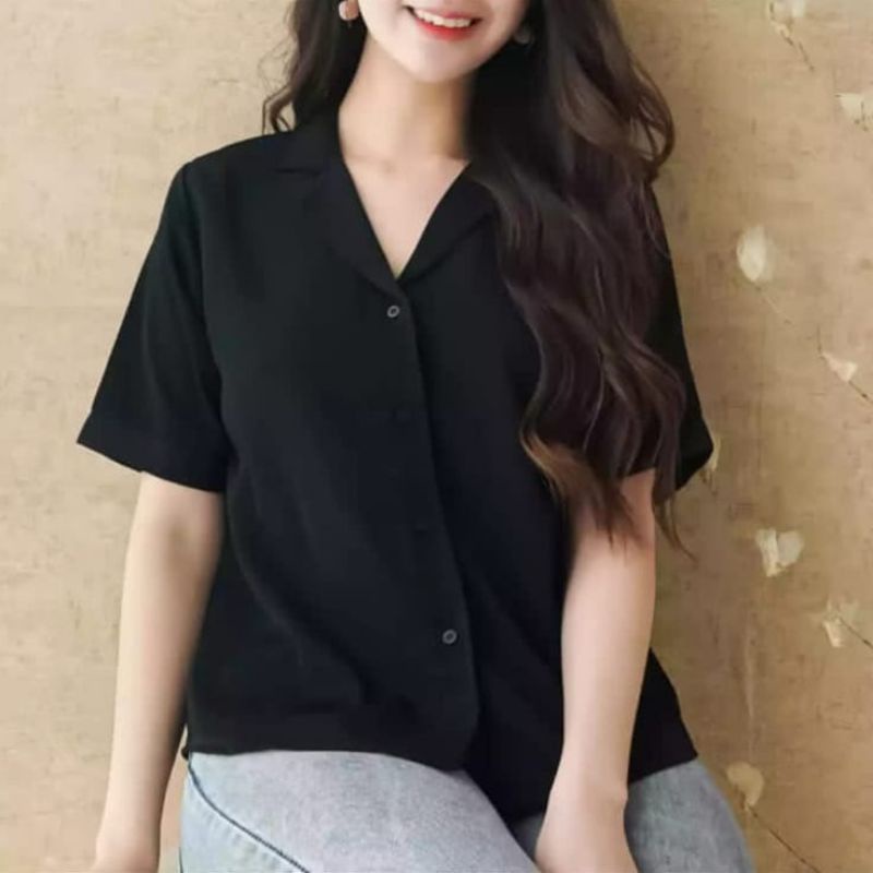 Blouse Polos Lengan Pendek Wanita Casual Putih Hitam Shakilla Twill | Kemeja Wanita Lengan Pendek Casual