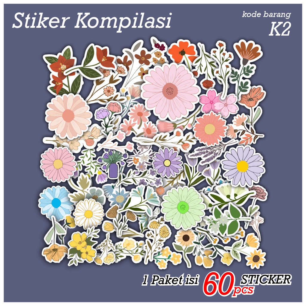 60 PCS STICKER FLOWER BUNGA LUCU AESTHETIC STIKER ANTI AIR UNTUK CASE TUMBLER LAPTOP KOPER HP SCRAPBOOK - K2