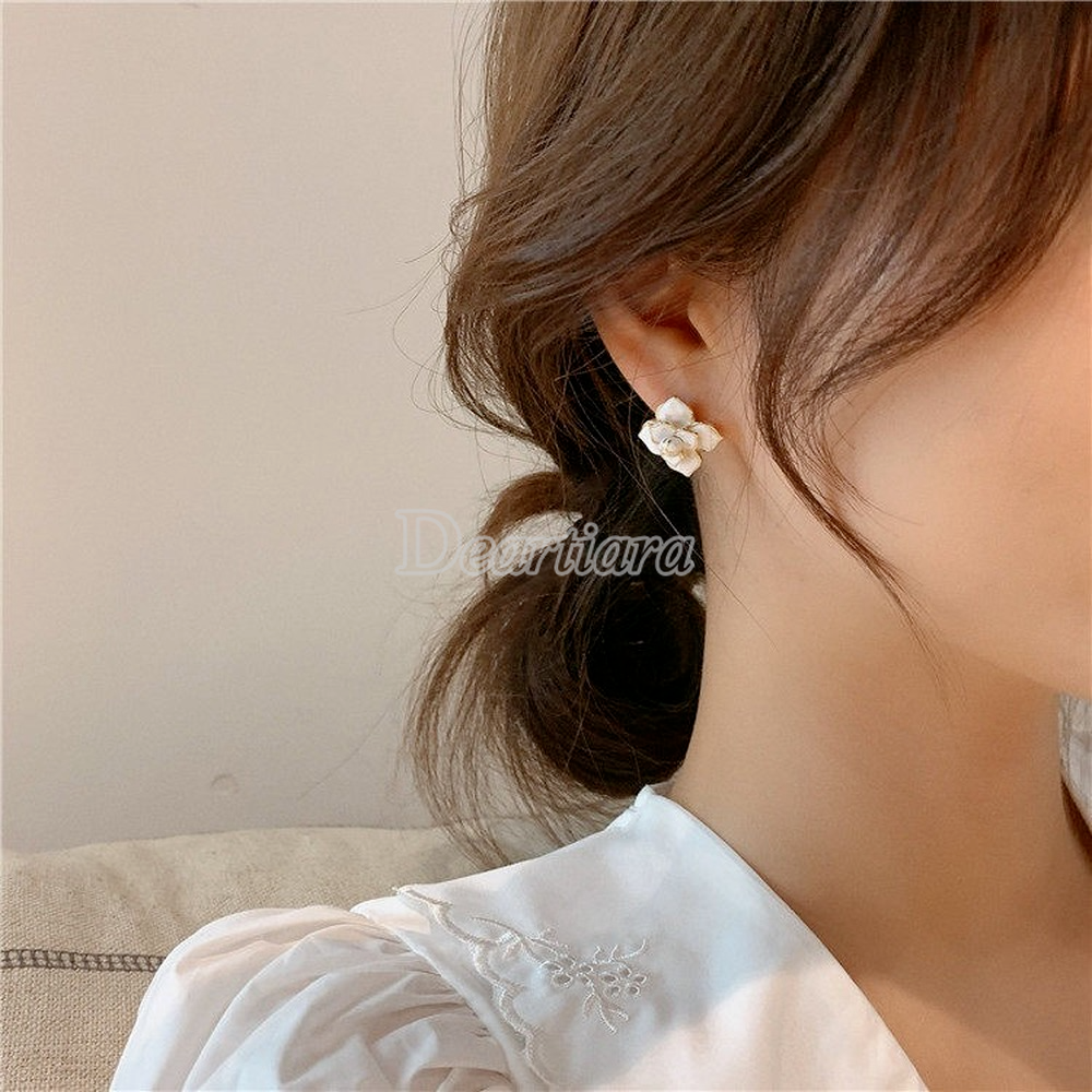 Dongdaemun South Korea White Hill Camellia S925 Silver Needle Shell Earrings Women's Accessories Jewelry Earrings