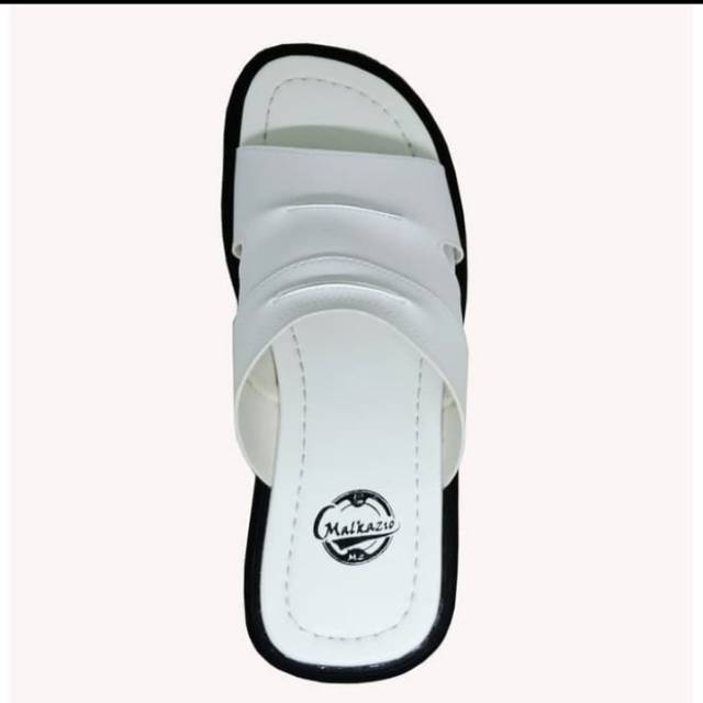 Sandal Slide Pria Kulit Asli | Sendal Selop Hitam-Putih | Ukuran Kaki Besar Jumbo