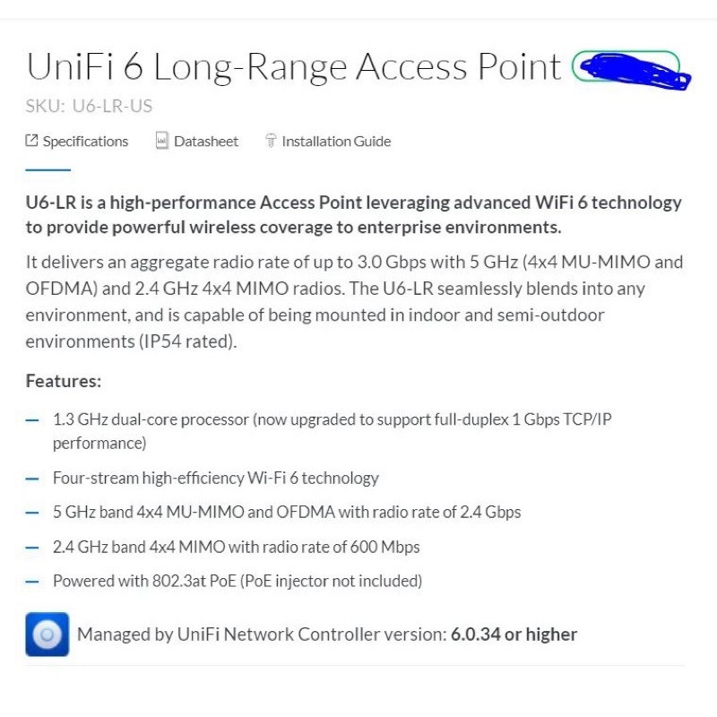 Ubiquiti UniFi 6 Long-Range Access Point ( U6-LR ) U6 LR AP