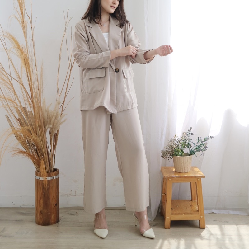MSMO Set Long Blazer Culotte / Set Wanita / Setelan Wanita / Blazer Wanita / Set Blazer-Beige (roma)