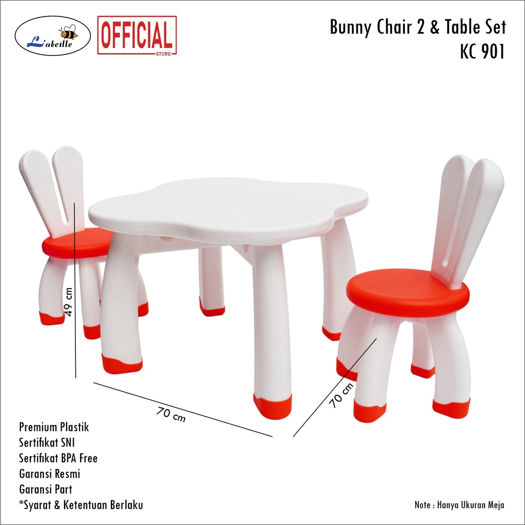 Official Labeille garansi resmi KC 901 Baby Chair Table Bunny Meja Plastik Anak + 2 Kursi Plastik An