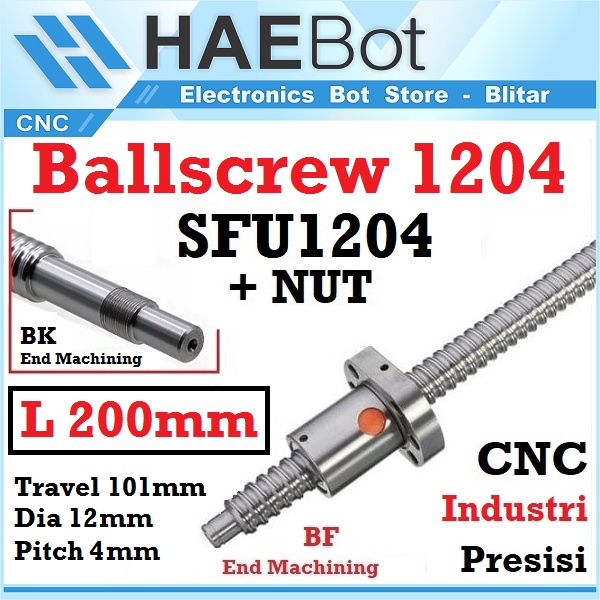 [HAEBOT] Ballscrew Ball screw SFU1204 SFU 1204 200mm 20cm CNC End Machined + Nut Router Milling Mesin Presisi Z Axis Leadscrew 12mm Pitch 4mm Industri Otomasi 200 mm