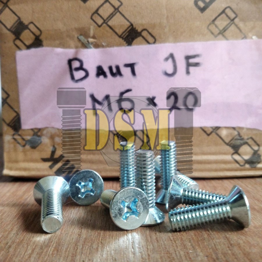 (100pcs) Galvanis Baut JF M6x20 / Machine Screw M6 Kepala Obeng Rata