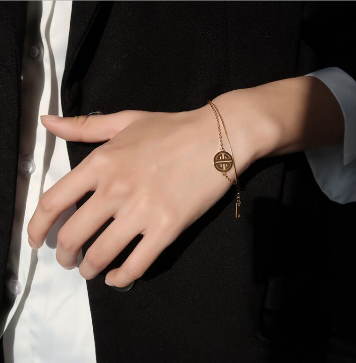 Tiktok Gelang Titanium Steel Lapis Emas 18K Motif Karakter Cina Fu Untuk Pasanganpriawanita