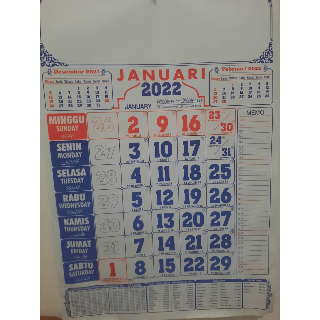 Kalender Dinding Kerja 2022 Rumah / Kantor  - Jadwal Sholat, Jawa Masehi Cina Arab