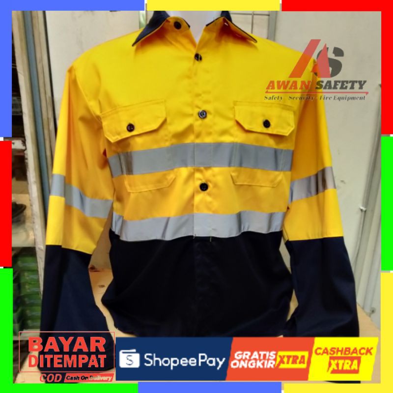 Baju Safety KOMBINASI Kuning Kemeja Kerja Pria Lengan Panjang K3 Proyek Bahan Drill