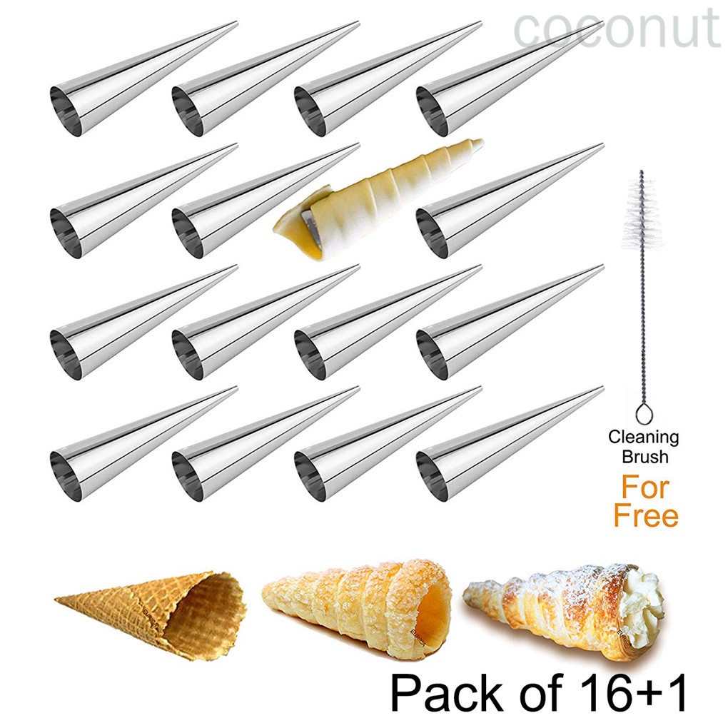 Cream Horn Molds Stainless Steel Pastry Croissant Cones Conical Roll Horn Form Baking Cone Moulds 16pcs Molds 1pc Brush coconut.id