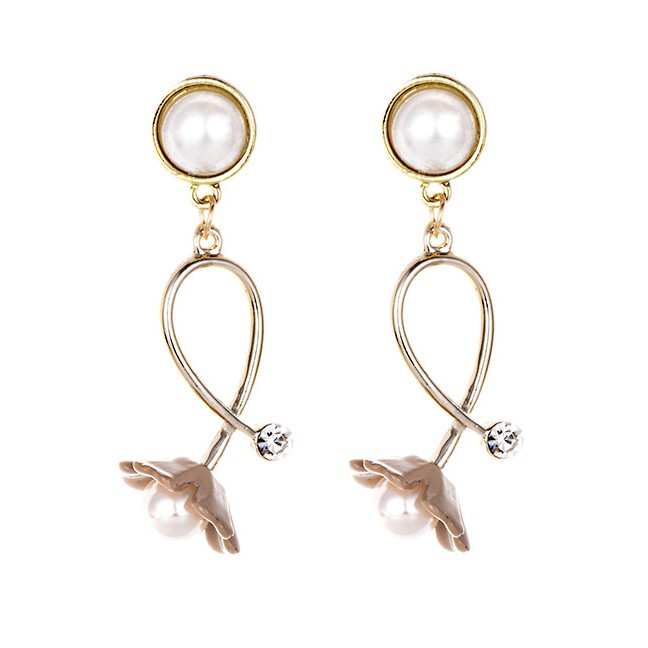 LRC Anting Tusuk Elegant Flowers&amp;pearl Decorated Long Earrings