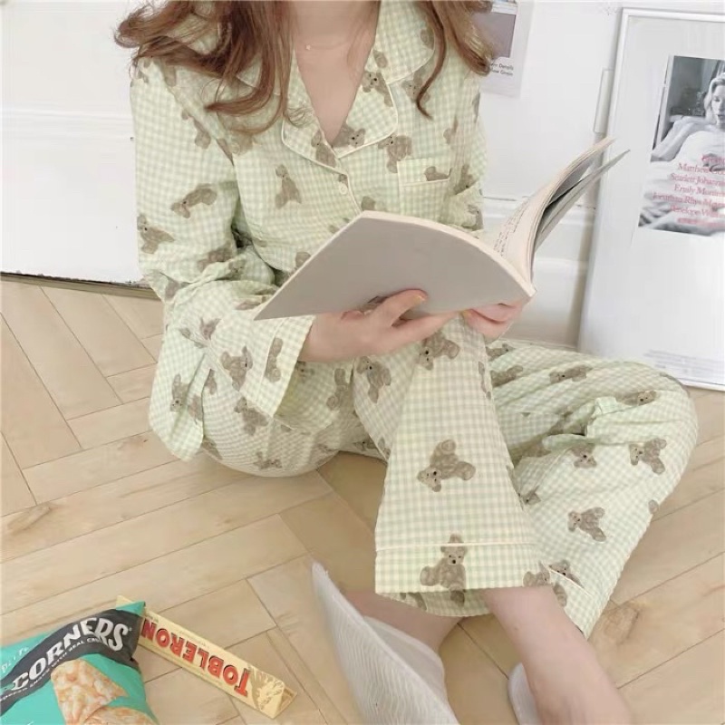 [ready stock] green korean teddy pajama | set baju tidur gaya korea motif korea motif boneka beruang bear