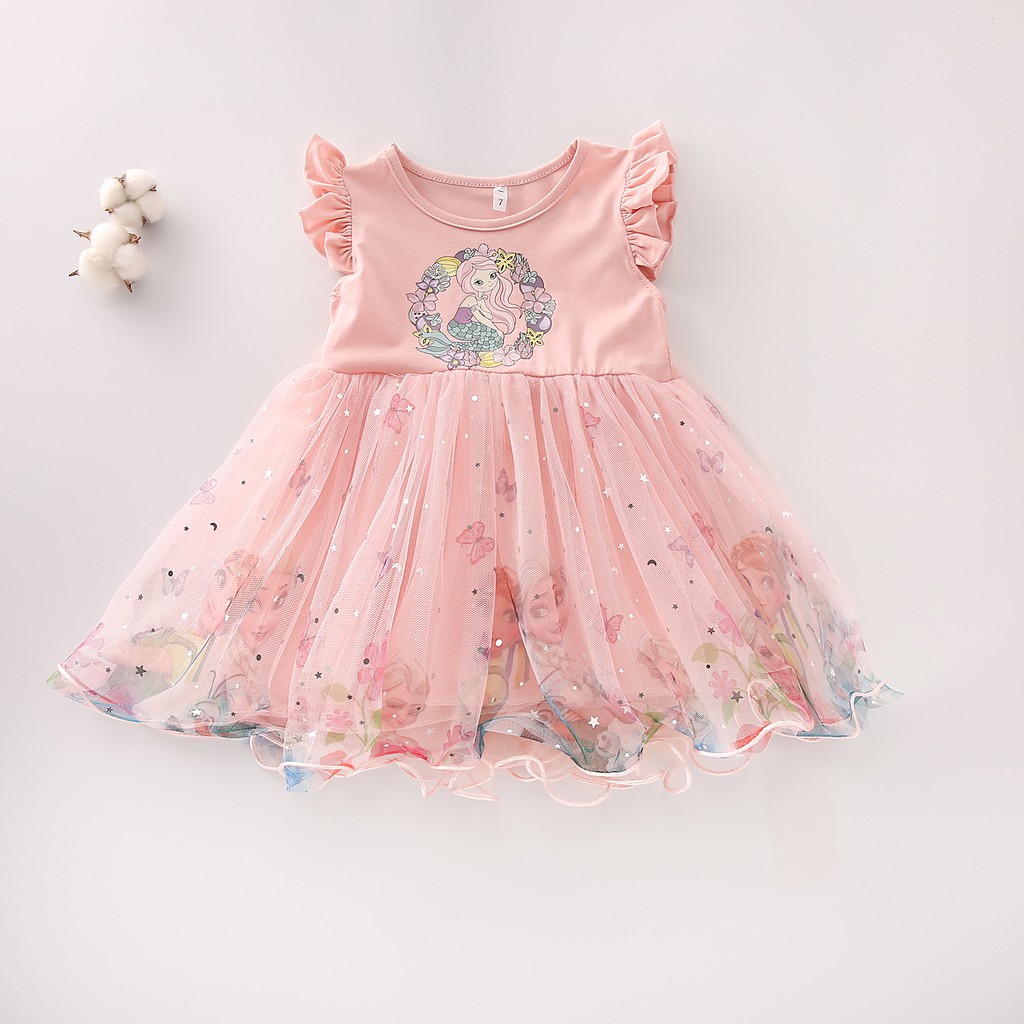 Dress Anak Perempuan Gaun Pesta Tutu bayi cewek Import - MERMAID STAR 9bln -3 Tahun Elegan Fashion-Pink Muda