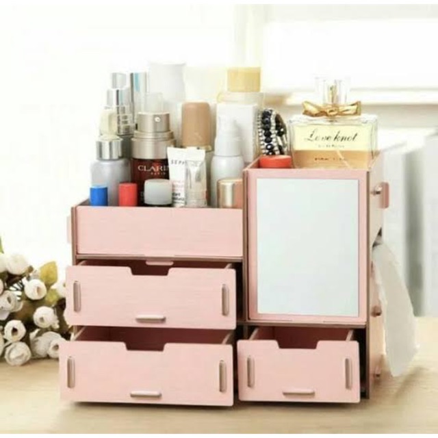 Rak Makeup Kayu + Kaca Cermin