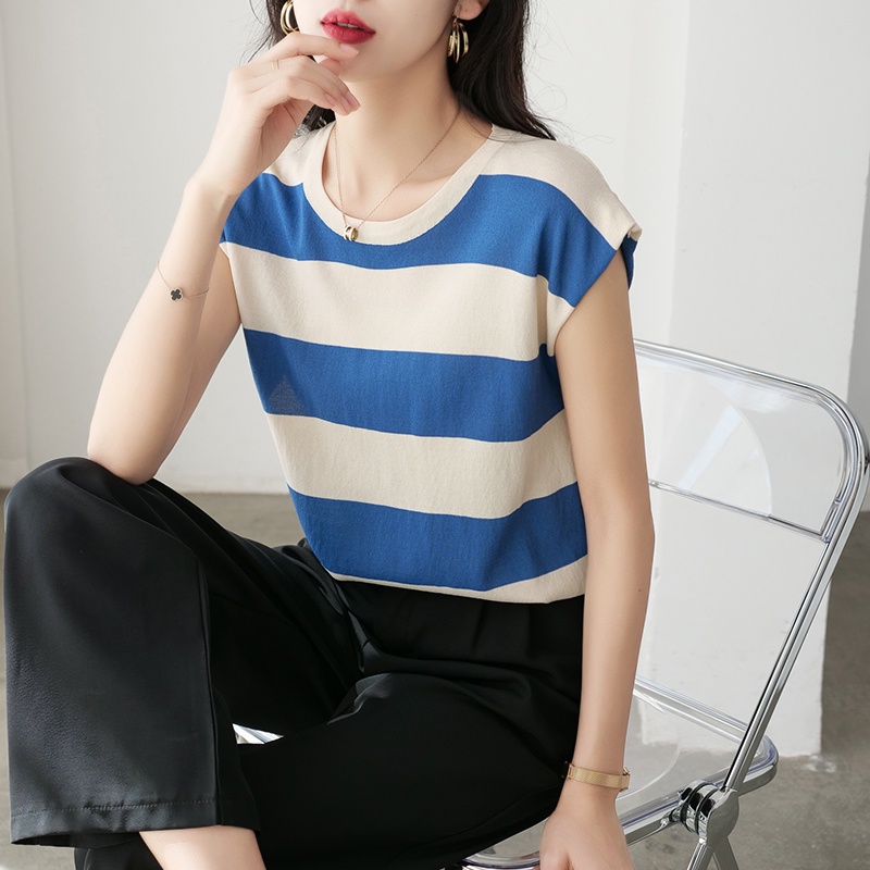 【Elegant】Korean Knit Round Neck Striped sleeveless T-Shirt 7481