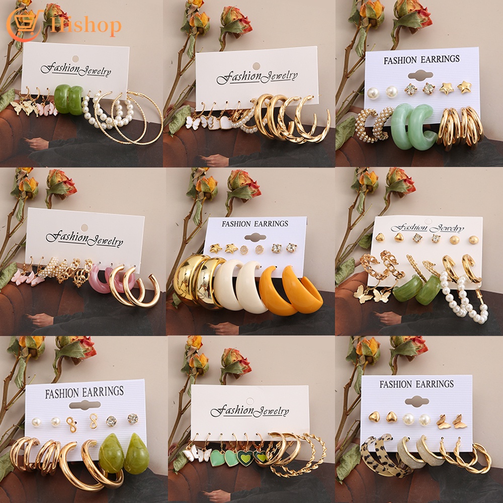 Set Anting Hoop Desain Kupu-Kupu Aksen Mutiara Bahan Resin Warna Emas Untuk Wanita