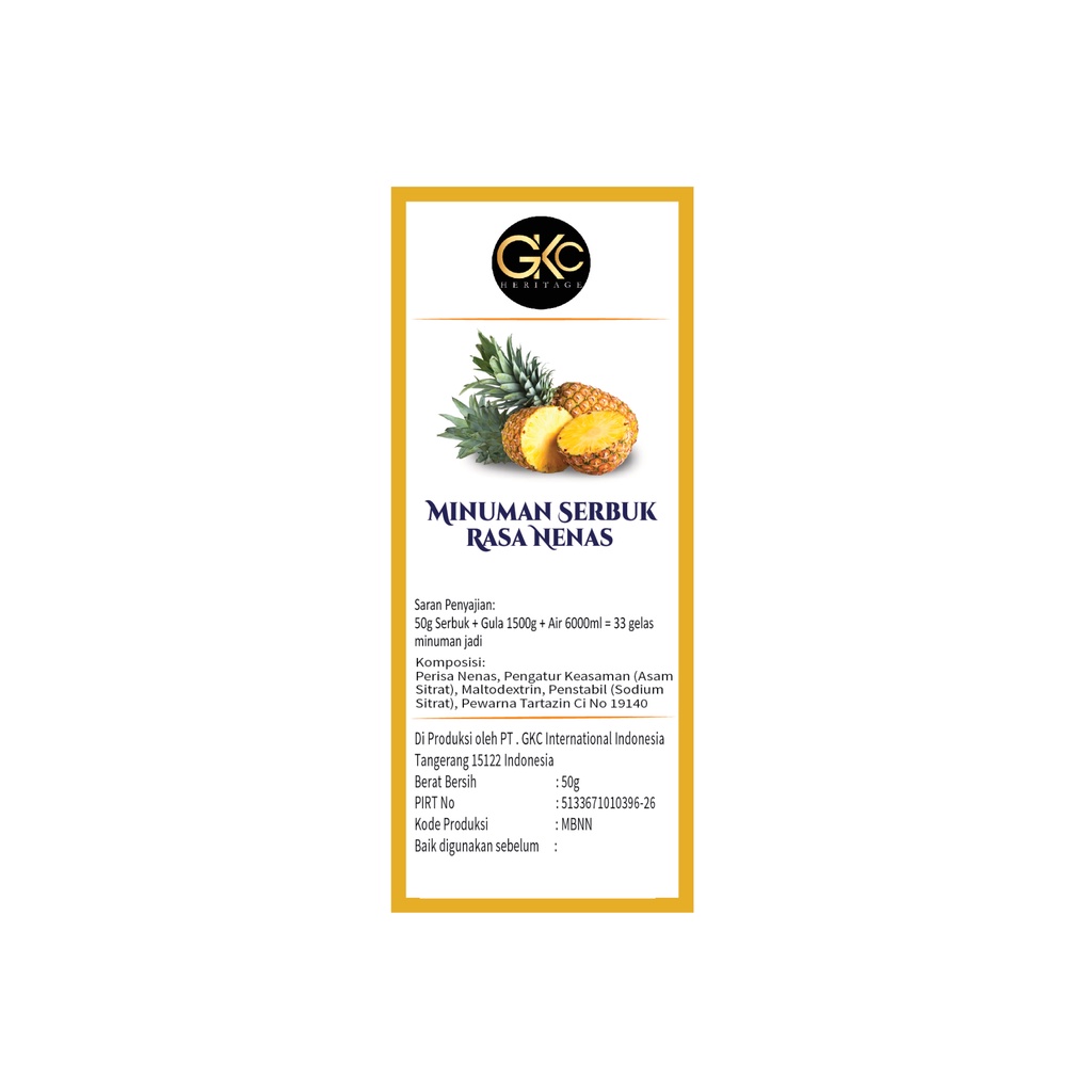 Bubuk Sirup Nanas / Pineapple Powder Syrup Serbuk Minuman Powder Drink GKC Heritage Konsentrat 50 gr