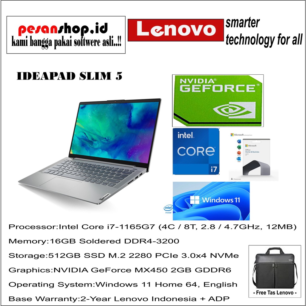 LENOVO IDEAPAD slim 5/Y1ID/INTEL I7-1165G7/NVIDIA MX 450 2GB/RAM 16GB/SSD 512GB/WINDOWS 11 HOME/OHS 