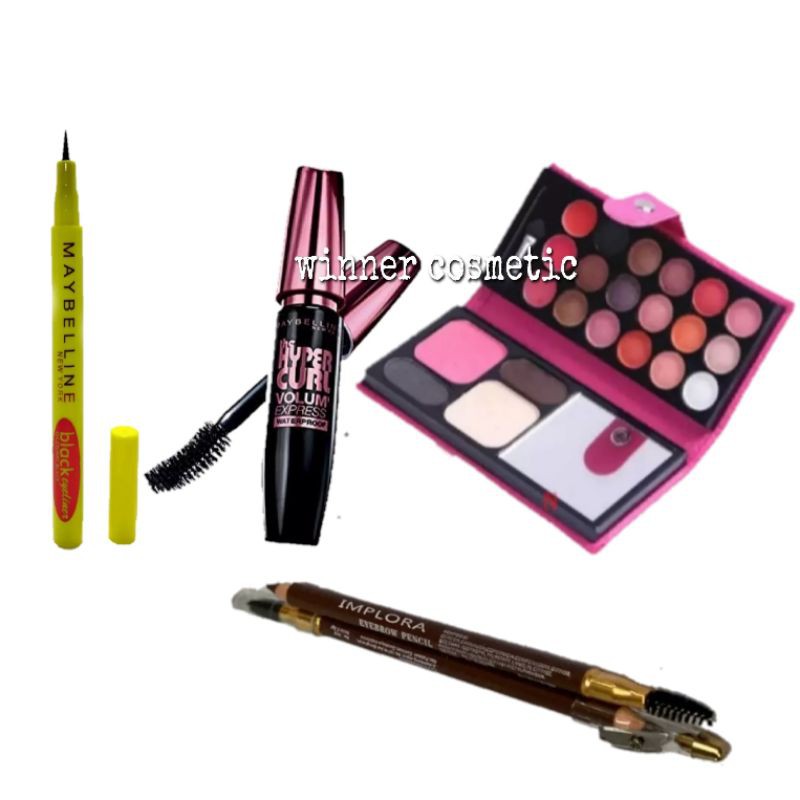 Paket Make Up Wanita 4 in 1 - Eyeshadow - Mascara -  Eyeliner - Pensil Alis Implora