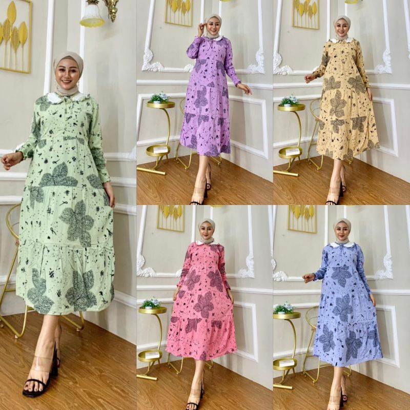 Gamis Dress Midi Wanita Perempuan Remaja Dewasa Kekinian Busui Motif Bunga Rempel Susun Tali Belang 