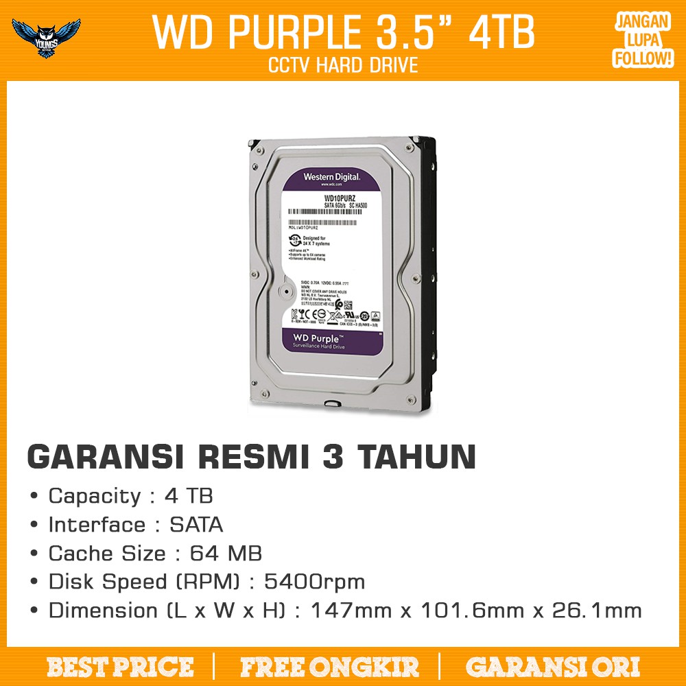 WD PURPLE 3.5&quot; 4TB RESMI - CCTV HD HDD HARDISK HARDDISK INTERNAL PC