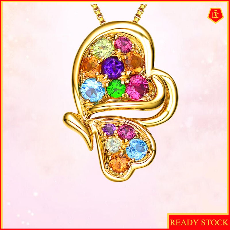 [Ready Stock]Colorful Gem Love Heart Pendant Gold Butterfly Necklace Fashion