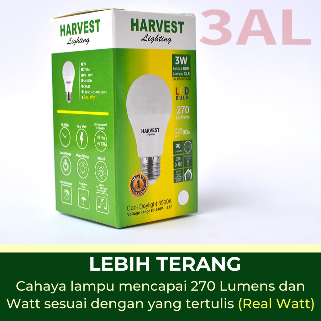 3W - Paket Isi 9 - HARVEST LIGHTING Lampu Bohlam LED A Bulb  3 Watt Lampu Hemat Energi Original Bersertifikasi SNI dan Bergaransi